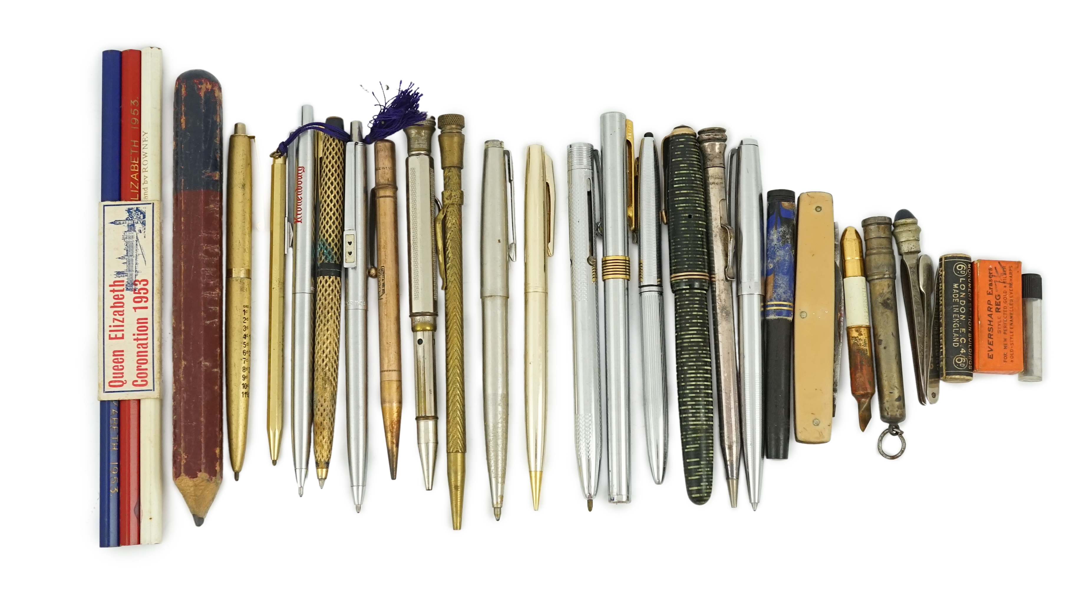 A collection of pens, pencils and stationery equipment, including a Parker Vacumatic